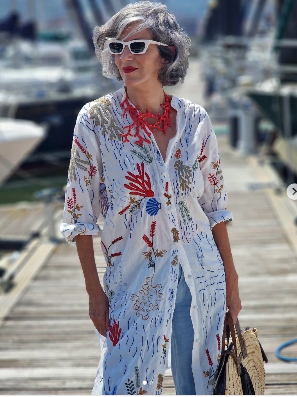 ZARA Women LONG EMBROIDERED shirt dress sea motifs OYSTER WHITE XL